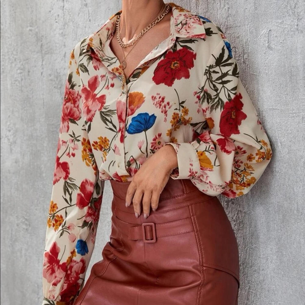 Floral blouse button collar shirt summer spring top flower long sleeve shirt - Picture 2 of 6